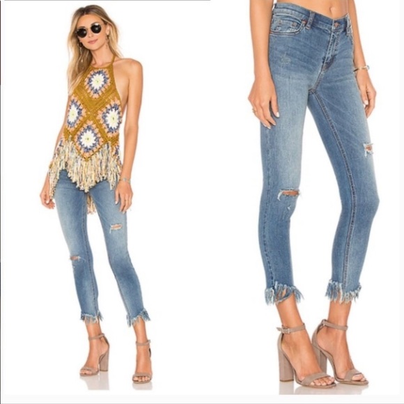 Free People Denim - FREE People “Great Heights” Frayed Blue Denim High Rise Size 26 Skinny Jeans